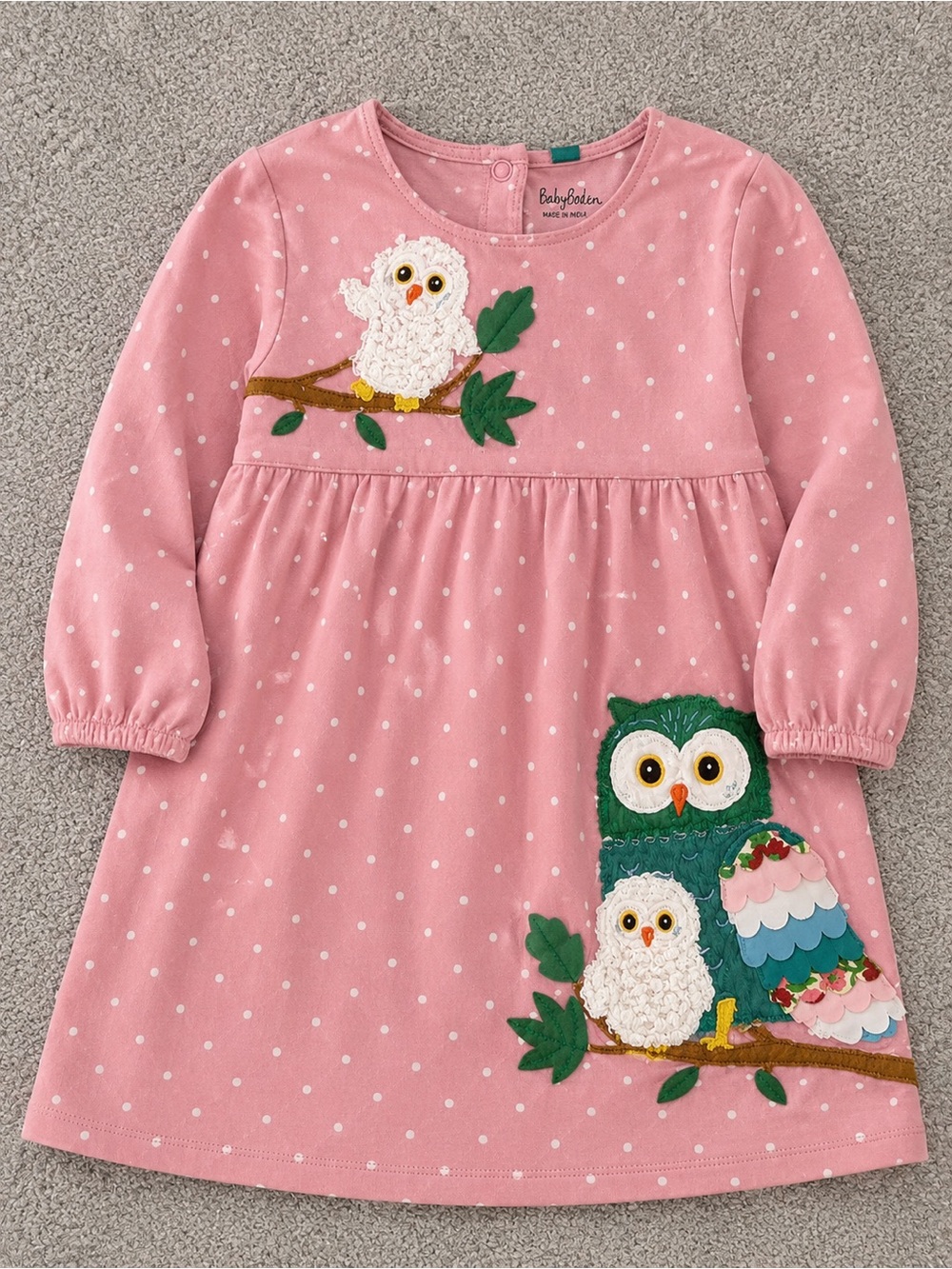 Baby Boden Pink Polka Dot Owl Appliqué Dress